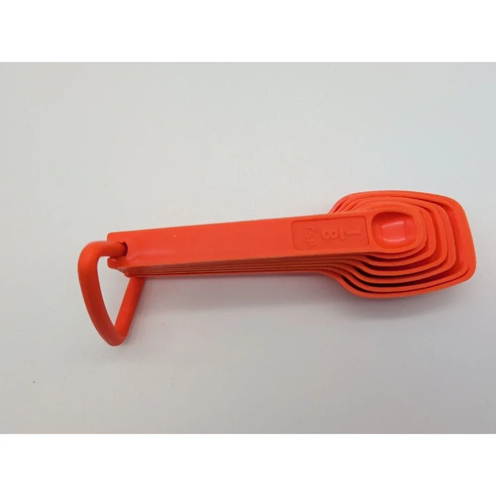 Vintage Tupperware Measuring Spoons Set Of 7 w/D Ring Orange Retro